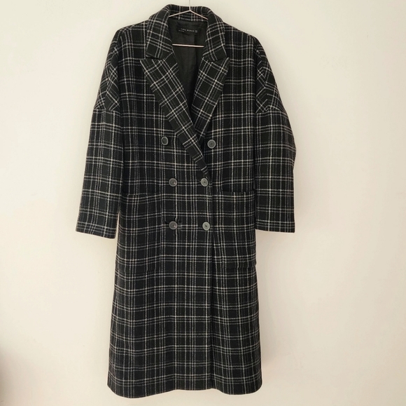 Zara Long Plaid Tartan Checkered Coat Jacket - Picture 7 of 10